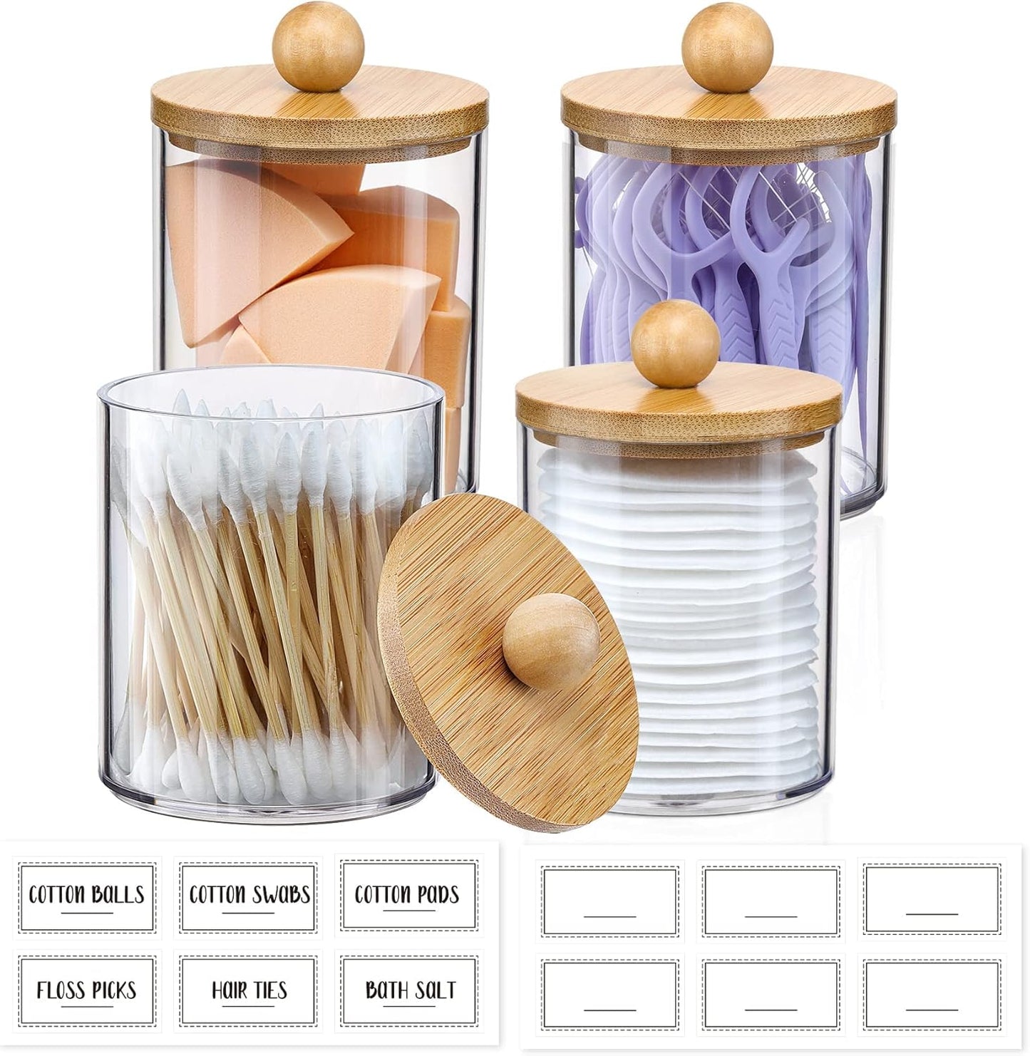 Qtip Spender mit Bambusdeckel, transparent, Kunststoff, Apotheker-Behälter für Schminktisch, Make-up, Organizer, Aufbewahrung, Badezimmer-Zubehör-Set für Wattestäbchen, Ball, Pads, Zahnseide, 4 Stück