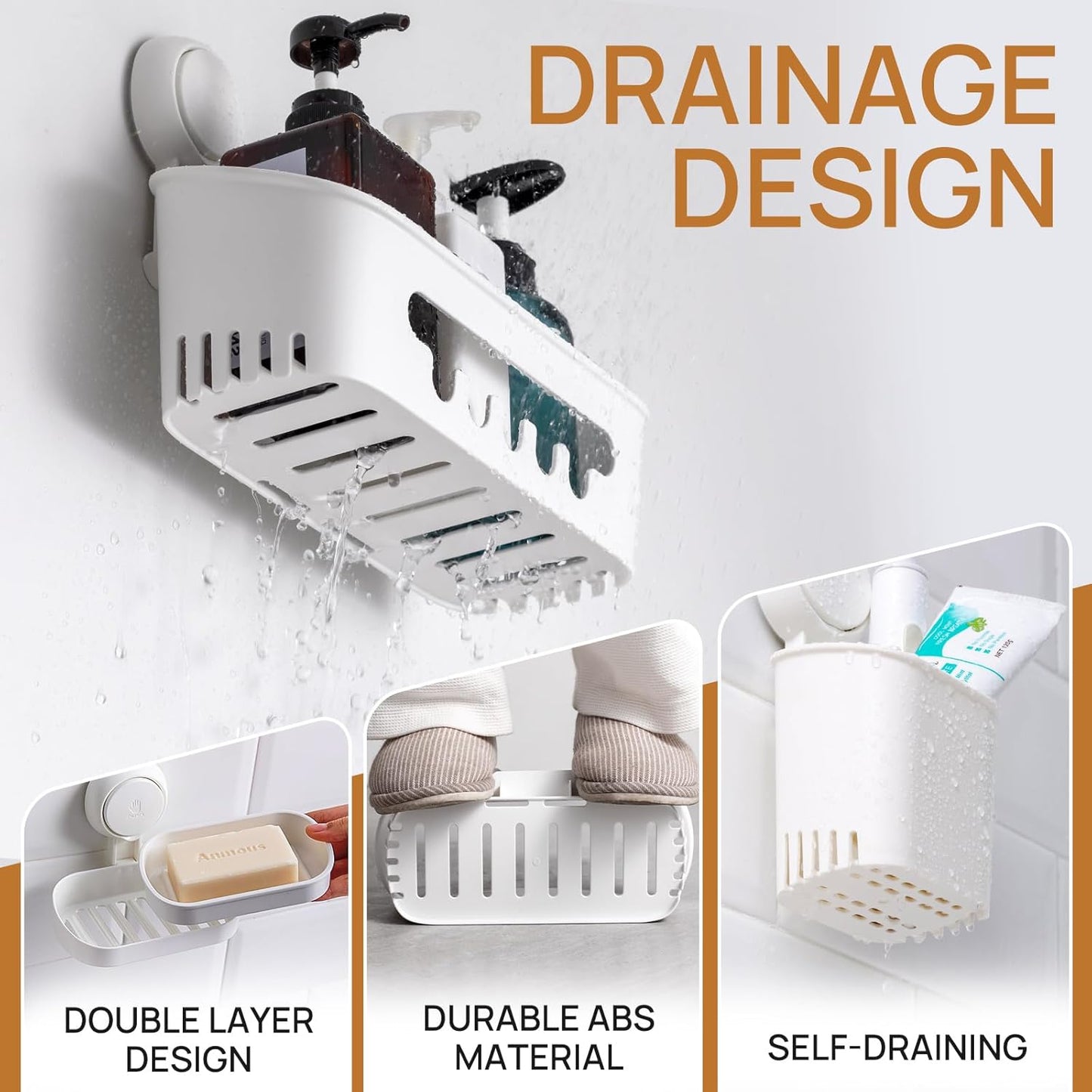 LEVERLOC Dusch-Caddy, Saugnapf-Set, Dusch-Organizer & Seifenhalter & Zahnbürstenhalter, Badezimmer-Regal, Korb, ohne Bohren, abnehmbare Saugnapfaufbewahrung, wasserdicht, Badezimmer-Caddy, Weiß