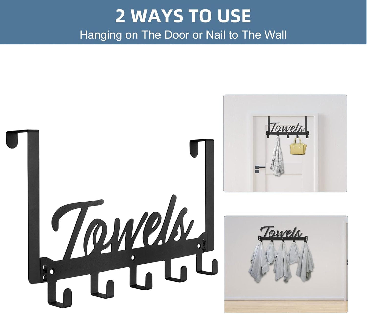 Türhaken, Handtuchhalter Handtuchhaken für Badezimmer, Handtuchhalter zum Aufhängen, strapazierfähig, Türregal über der Tür mit 5 Kleiderhaken für Schlafzimmer, Badezimmer, Küche, Schwarz