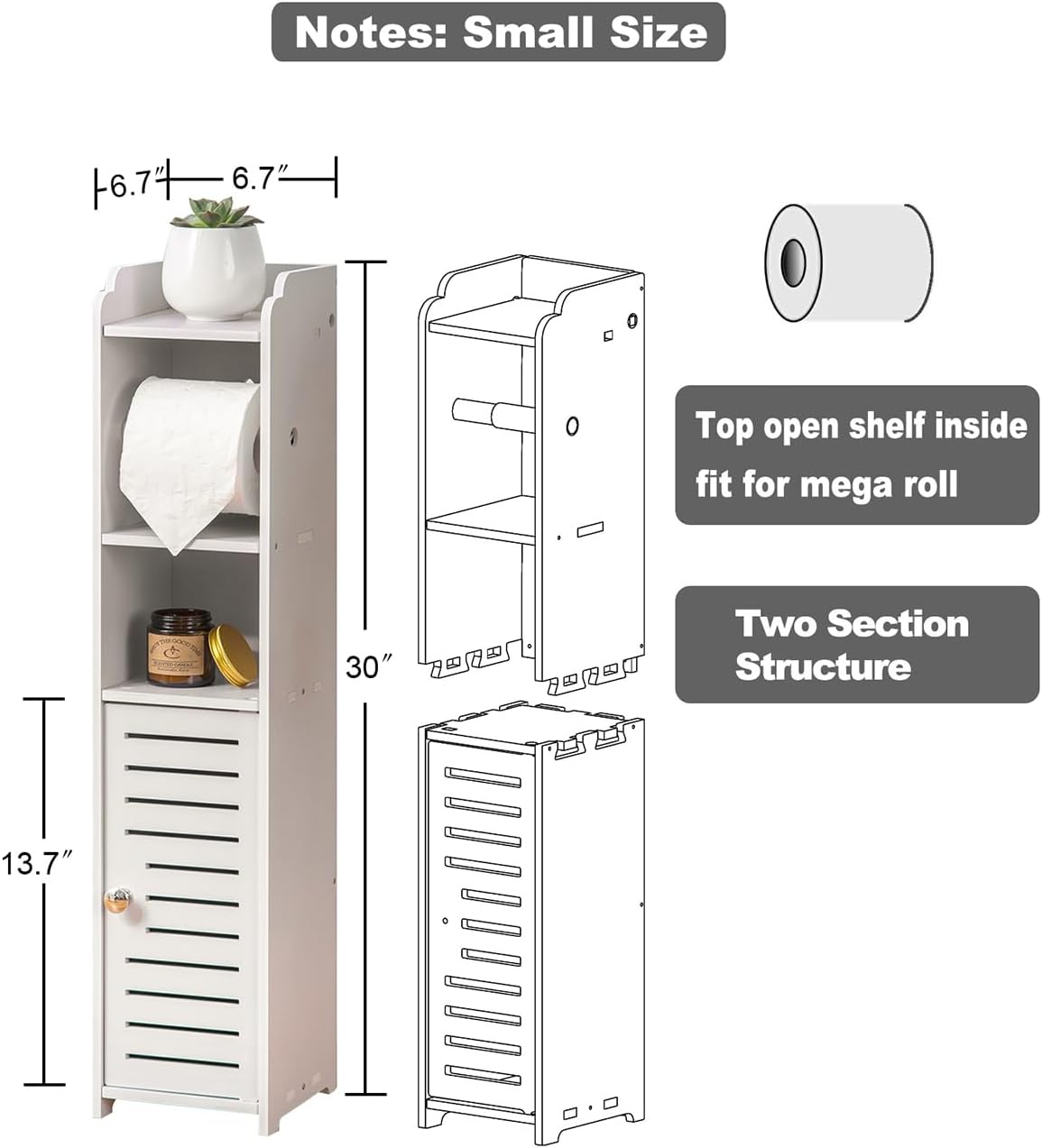 AOJEZOR Toilettenpapierhalter-Ständer: Badezimmer-Aufbewahrungsschrank neben der Toilette für kleinen Raum, Badezimmer mit Toilettenpapierhalter, Weiß