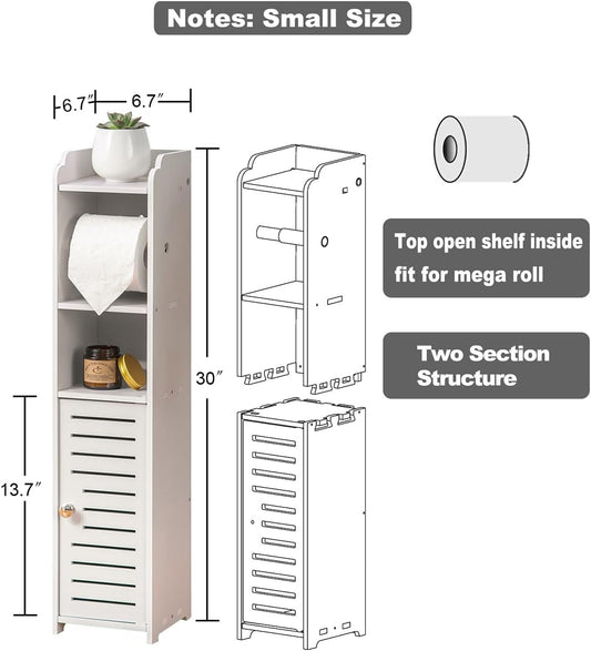 AOJEZOR Toilettenpapierhalter-Ständer: Badezimmer-Aufbewahrungsschrank neben der Toilette für kleinen Raum, Badezimmer mit Toilettenpapierhalter, Weiß