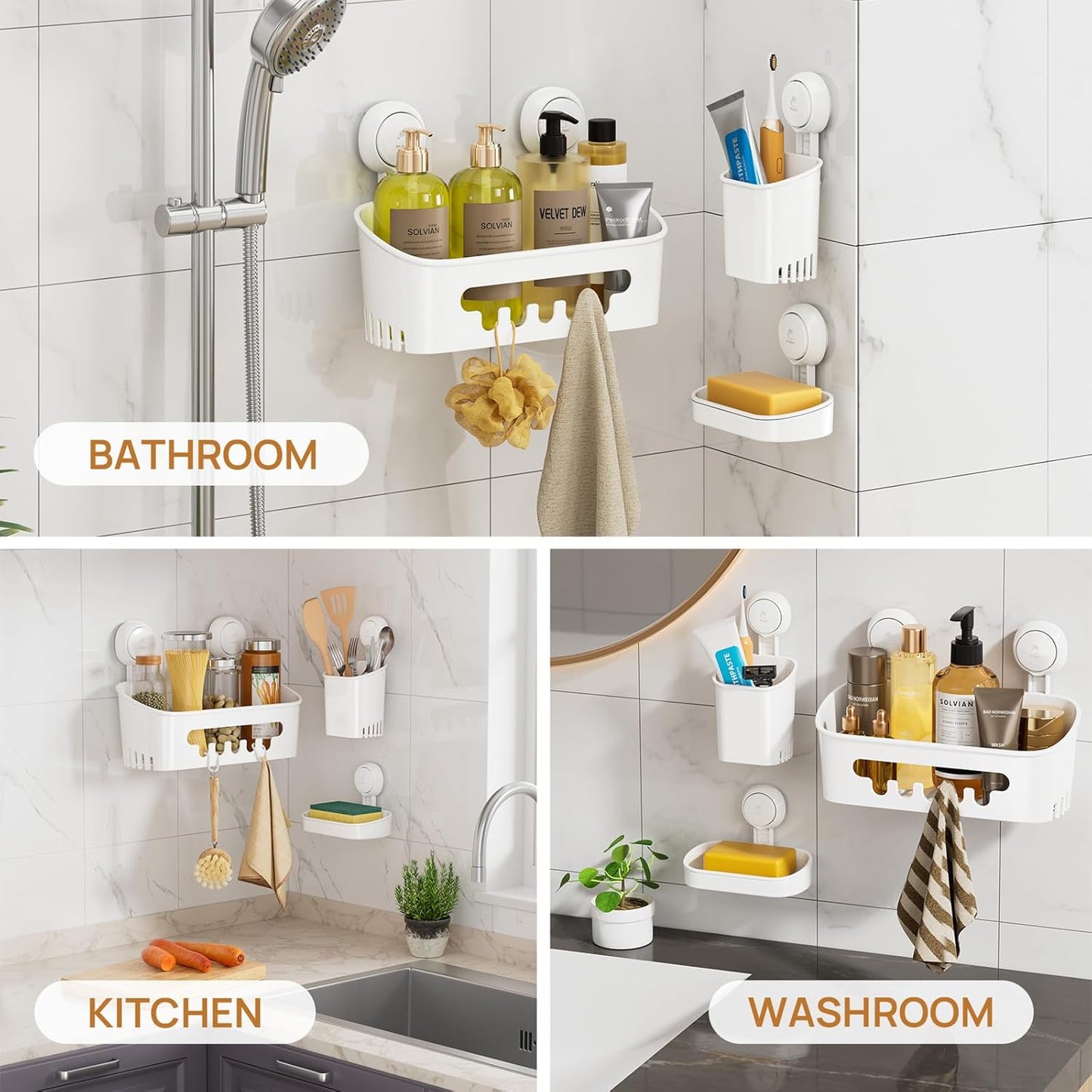 LEVERLOC Dusch-Caddy, Saugnapf-Set, Dusch-Organizer & Seifenhalter & Zahnbürstenhalter, Badezimmer-Regal, Korb, ohne Bohren, abnehmbare Saugnapfaufbewahrung, wasserdicht, Badezimmer-Caddy, Weiß