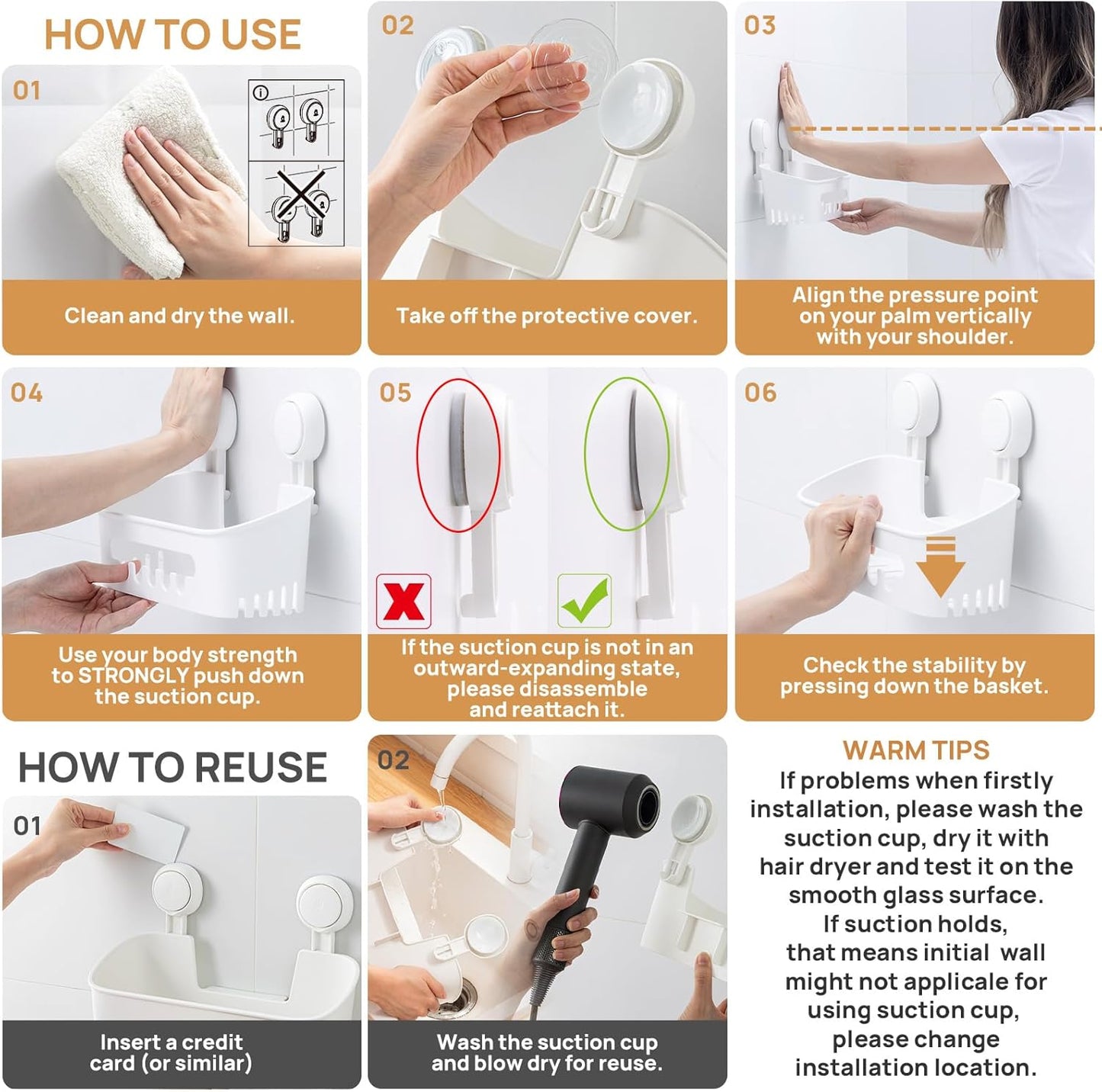 LEVERLOC Dusch-Caddy, Saugnapf-Set, Dusch-Organizer & Seifenhalter & Zahnbürstenhalter, Badezimmer-Regal, Korb, ohne Bohren, abnehmbare Saugnapfaufbewahrung, wasserdicht, Badezimmer-Caddy, Weiß