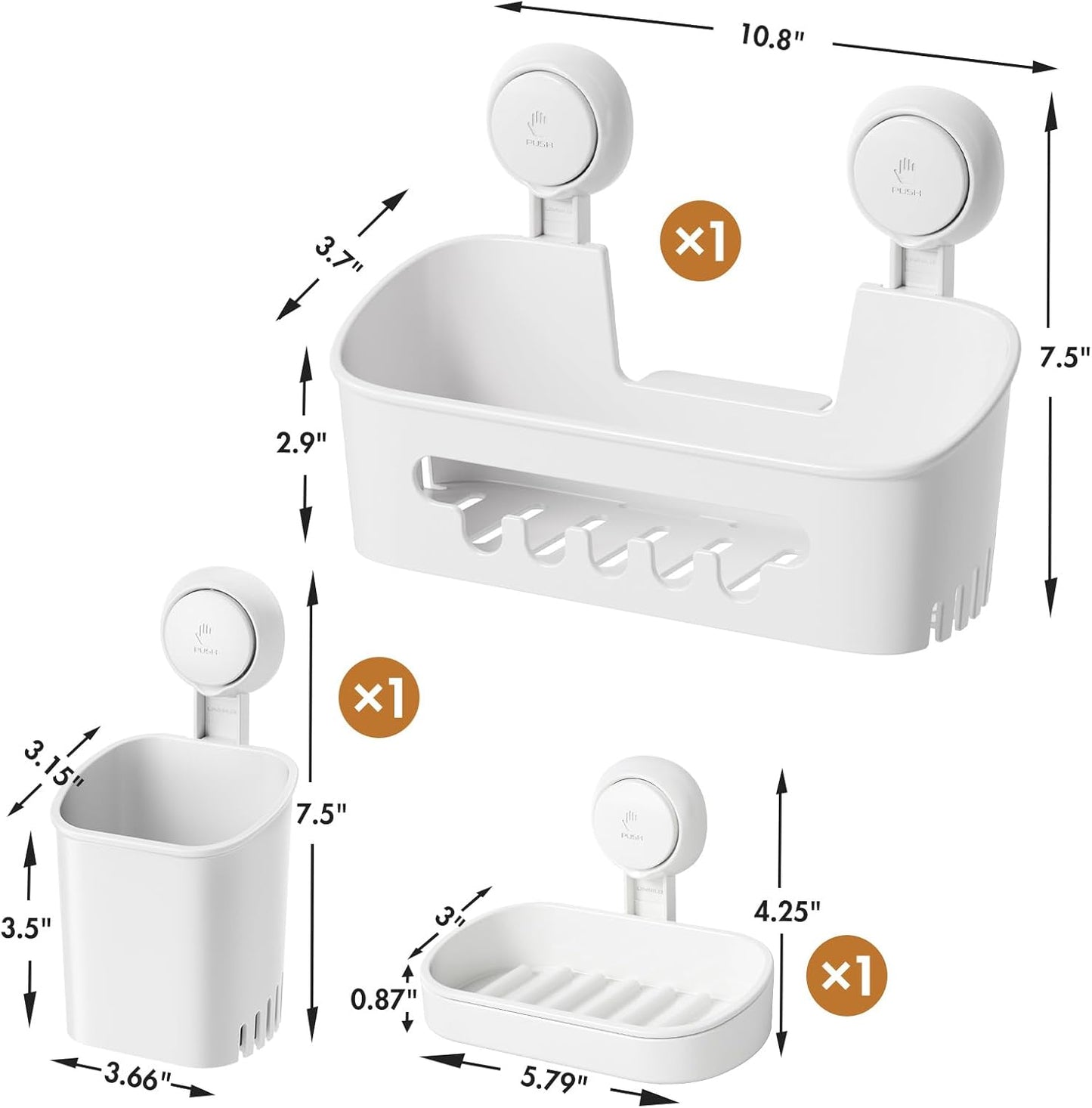 LEVERLOC Dusch-Caddy, Saugnapf-Set, Dusch-Organizer & Seifenhalter & Zahnbürstenhalter, Badezimmer-Regal, Korb, ohne Bohren, abnehmbare Saugnapfaufbewahrung, wasserdicht, Badezimmer-Caddy, Weiß