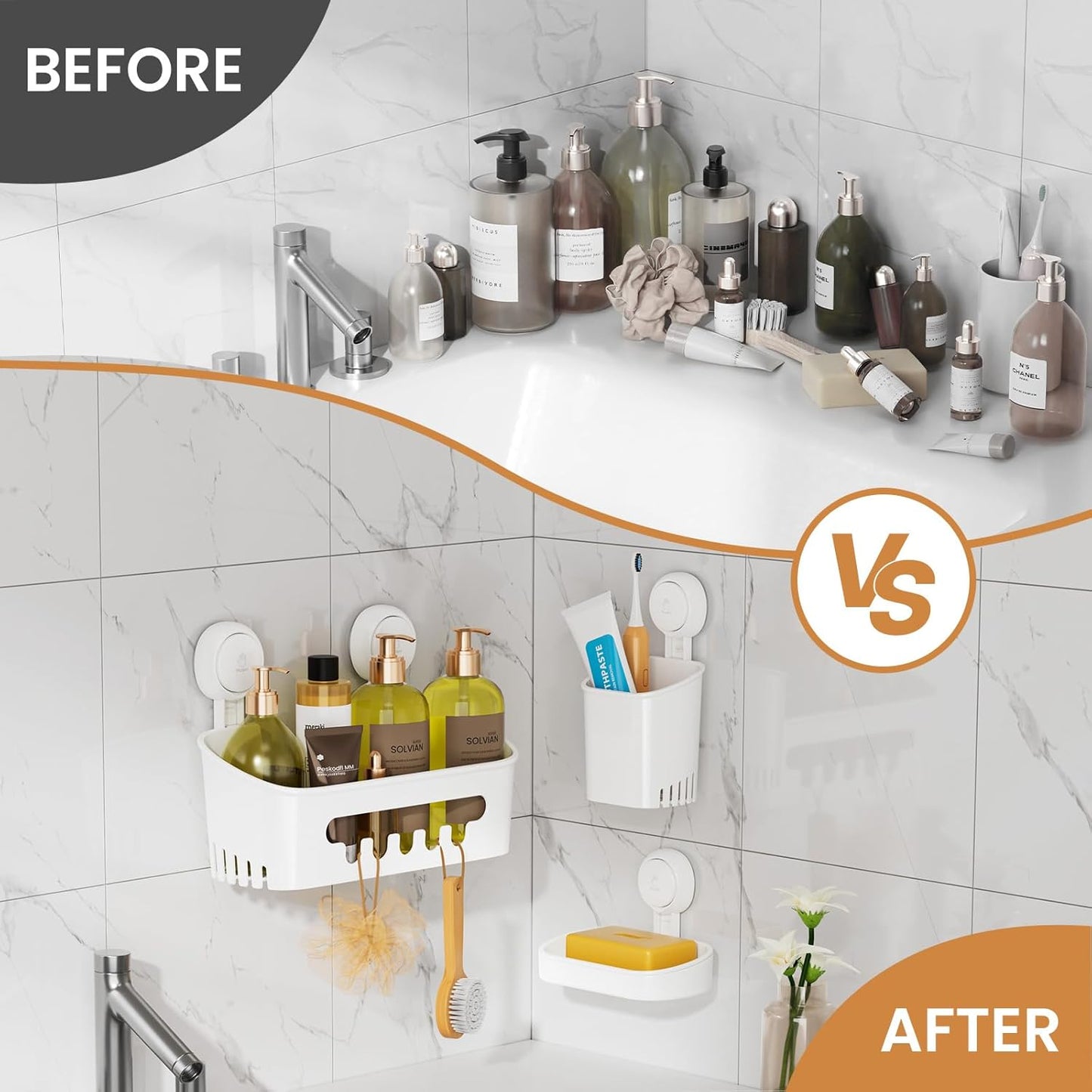 LEVERLOC Dusch-Caddy, Saugnapf-Set, Dusch-Organizer & Seifenhalter & Zahnbürstenhalter, Badezimmer-Regal, Korb, ohne Bohren, abnehmbare Saugnapfaufbewahrung, wasserdicht, Badezimmer-Caddy, Weiß